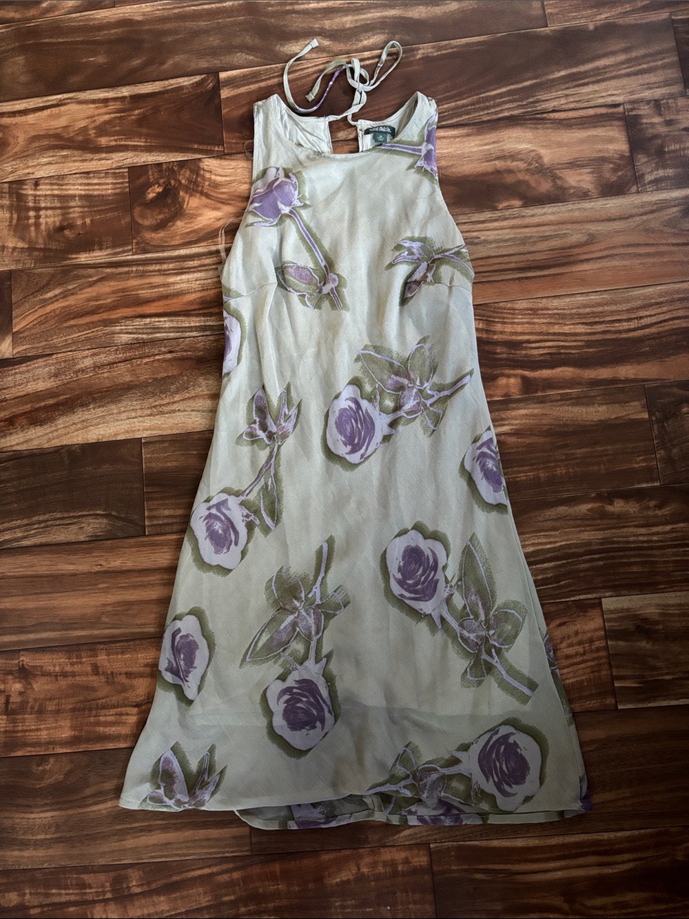 Sage Floral Halter Midi Dress with Lavender Roses